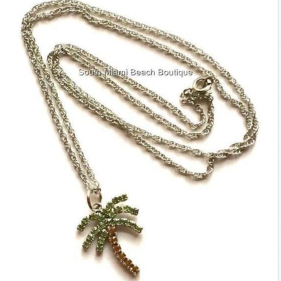 Crystal Palm Tree Necklace 24" Silver Plated Coconut Island X-Long Beach - Picture 3 of 8